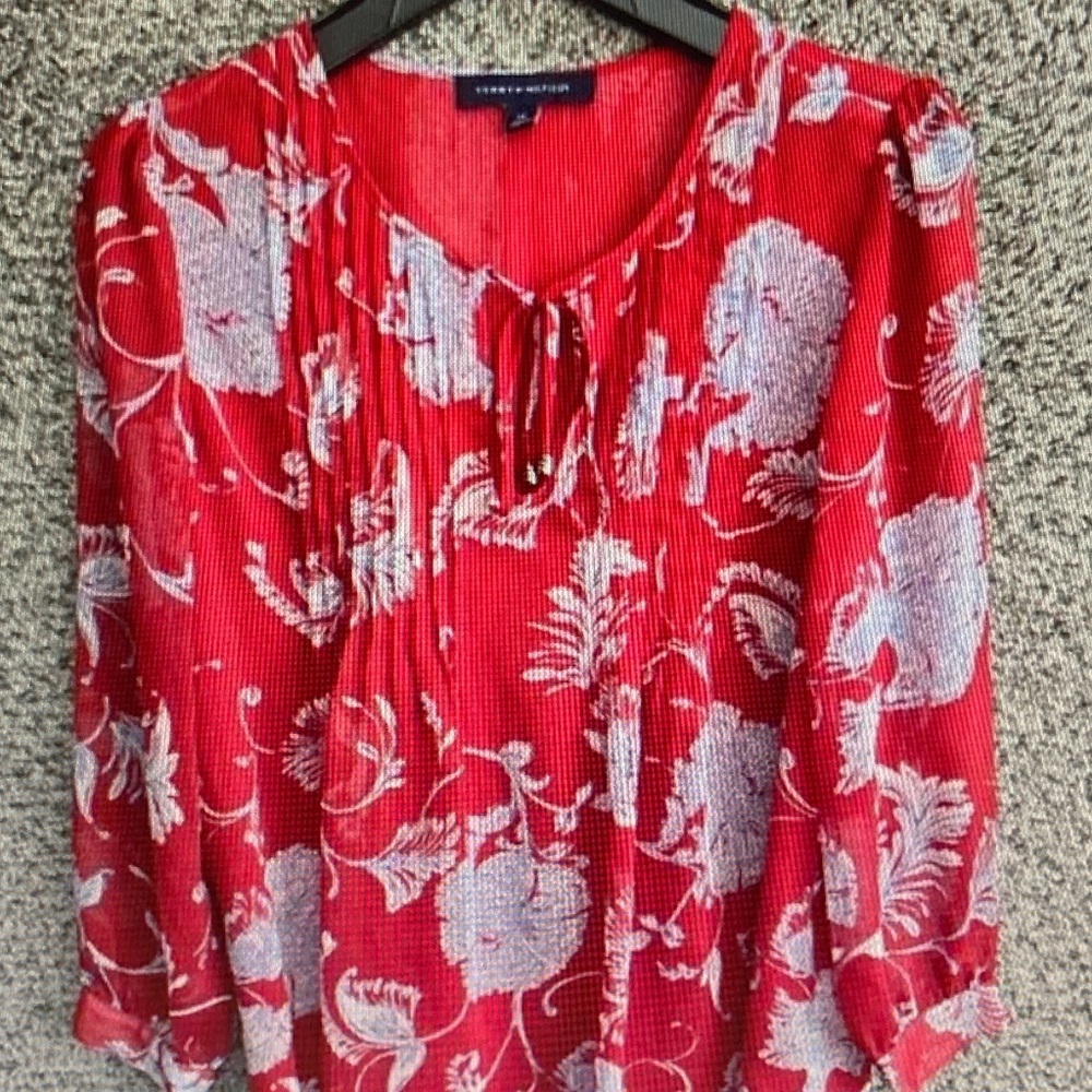 Tommy Hilfiger Red Floral Tie-Neck Peasant Blouse